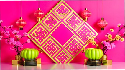 Vibrant Chinese New Year decoration with lanterns and blossoms