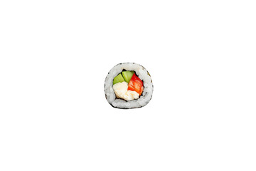 Sushi maki roll with salmon, cucumber, and cream cheese, a single piece of fresh japanese food on transparent background