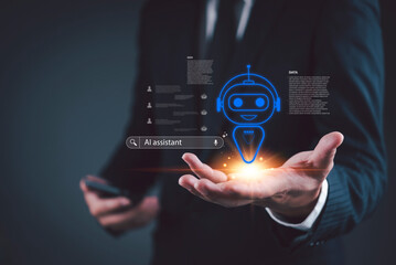Businessman holding glowing AI assistant robot hologram with voice search bar. Concept of...