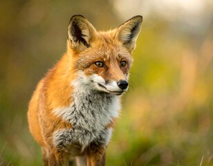 Obraz premium Red fox stands alertly in a field, head turned slightly with soft, out-of-focus background