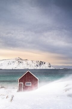 Red Rorbuer fishing hut on the beach in the snow, Ramberg, Flakstad&oslash;ya, Lofoten, Norway