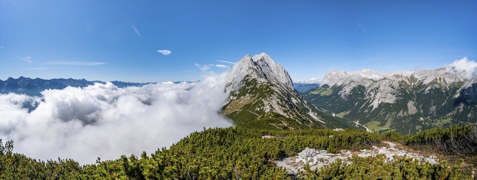 View along the ridge of the Mieminger Kette with summit Karkopf and Hochwand, hiking trail between mountain pines, crossing the Hohe Munde, Panorama, Mieminger Kette, Tyrol, Austria