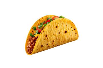 Hard shell taco filled with beef, fresh tomatoes, yellow peppers, and cilantro on transparent background