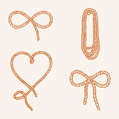 Cowgirl rope set, corde bow, knot tied. Cowboy design, Western party elements, Wild West lasso types © Marianna