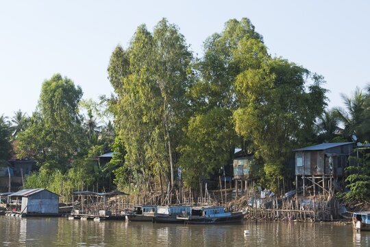 Pile dwellings on the Mekong, Cambodia