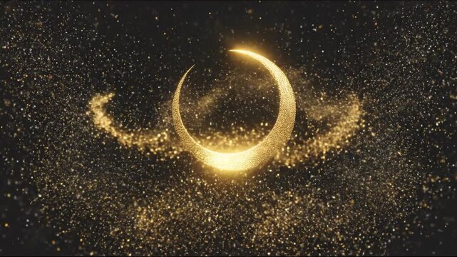 Glowing golden crescent moon surrounded by sparkling particles on a dark background