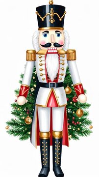 Traditional nutcracker soldier standing in front of a decorated Christmas tree