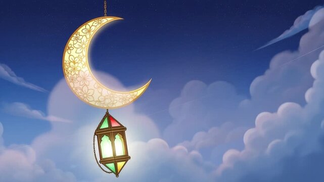 Festive crescent moon with ornate floral pattern hangs a colorful stained glass lantern against a