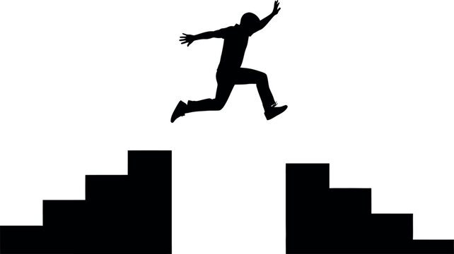Sports silhouette of a man jumping over obstacles in black