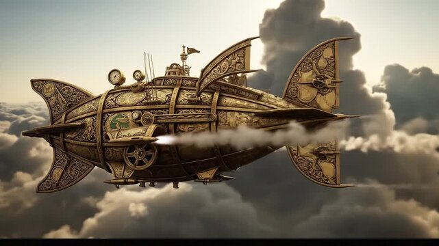 Ornate Steampunk Airship Soaring Through Clouds with Sunbeams.