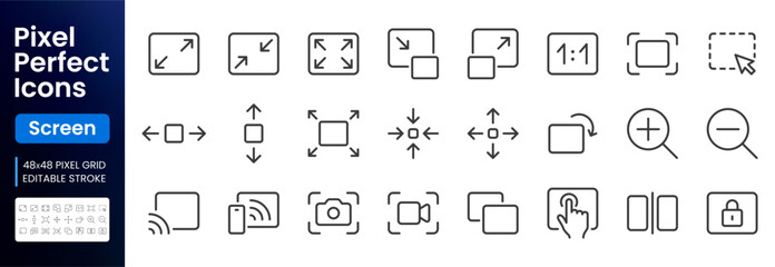 Fototapeta premium Screen line icon set. Resize, zoom, fullscreen, capture, lock, select area, scalable minimal vector illustrations. Simple outline signs for display interface. 48x48 Pixel Perfect. Editable Stroke.