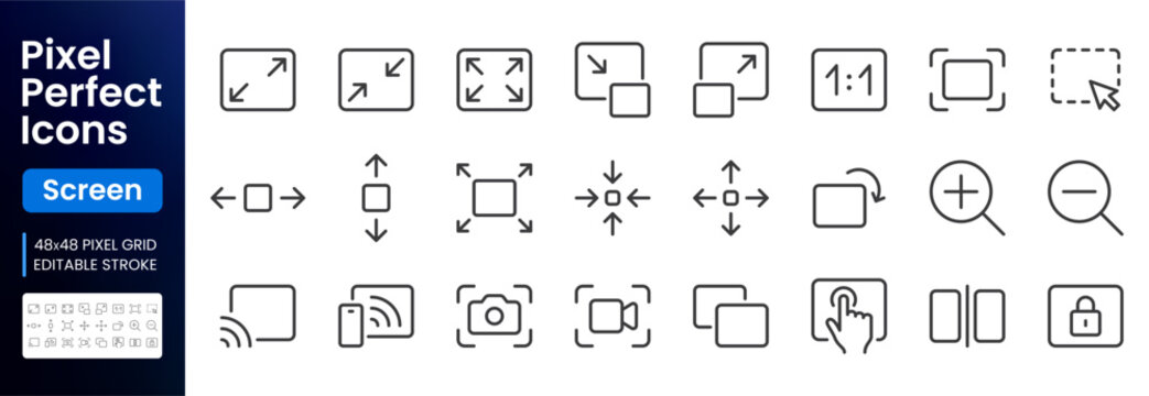 Screen line icon set. Resize, zoom, fullscreen, capture, lock, select area, scalable minimal vector illustrations. Simple outline signs for display interface. 48x48 Pixel Perfect. Editable Stroke.