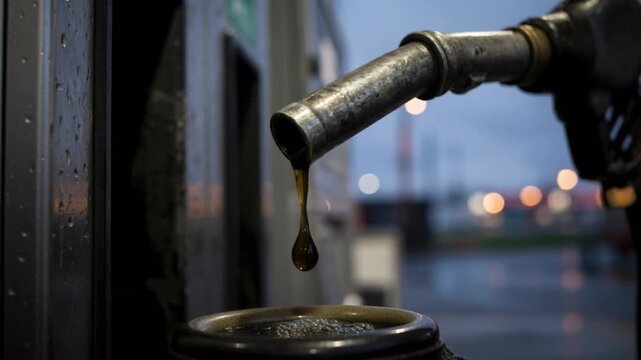 At dusk, under a cloudy evening sky, a person grips a gasoline pump nozzle at a lit gas station. Fuel droplets fall from the nozzle as the attendant prepares to refuel a vehicle