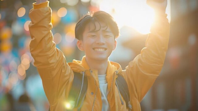 At dusk, a beaming young man stands amidst vibrant festive decorations and colorful lights, arms raised in exhilaration, basking in the joy and happiness of a lively community celebration