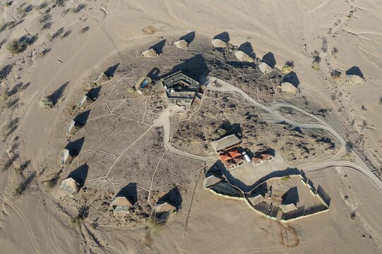 The Doro Nawas Camp in the vicinity of the dry river bed of the Aba-Huab river, aerial view, drone shot, Damaraland, Kunene Region, Namibia