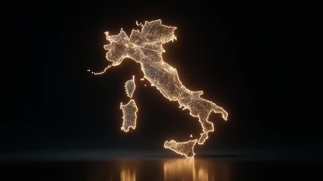 Glowing digital representation of Italy's outline, with a constellation effect against a dark backdrop