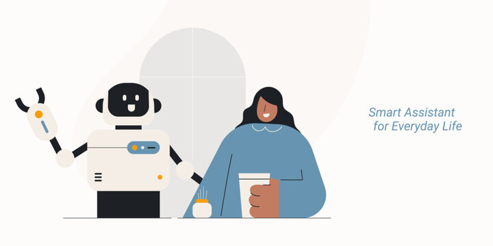 Smart assistant for everyday life with woman and robot AI home automation. Flat design vector illustration for voice assistant, digital lifestyle and smart home technology concepts.