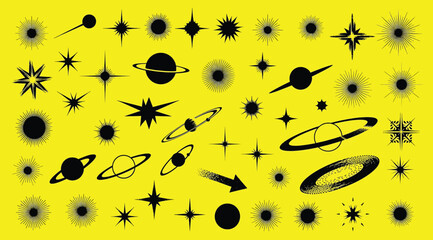 Collection of various black star and planet silhouettes on bright yellow background for astronomy and space design elements © S.Siam
