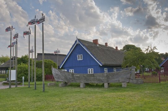 Fishermen's houses in Nida with the typical pennants, Curonian Spit, Lithuania