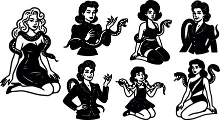 Fototapeta premium Tattoo flash pinup women with snakes vintage retro vector set showing varied poses close up and full body high contrast