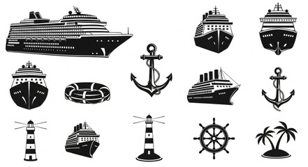 Collection of nautical themed illustrations featuring ships, anchors, and related elements. © Asrofi