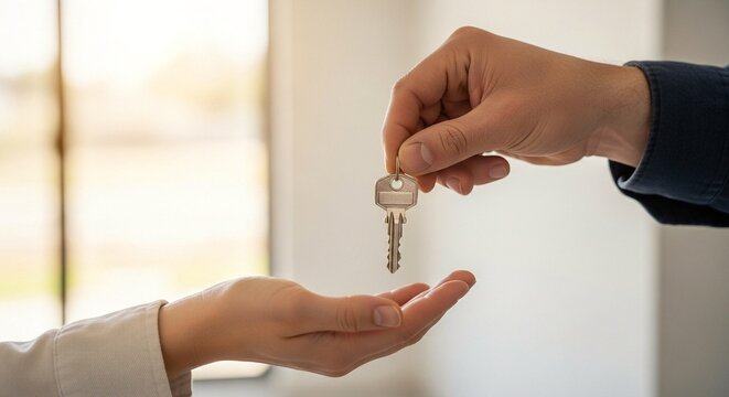 A person handing over a set of keys to another person in a bright and airy room