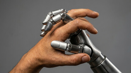 Naklejka premium Human hand gently holding metallic robotic hand conveying collaboration, technology and empathy in close up composition full of texture and contrast