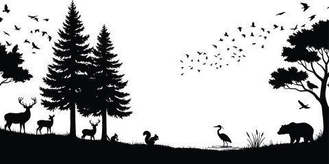 Black silhouettes of forest animals and trees against a white background