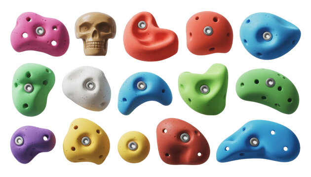 Colorful rock climbing holds with skull isolated on a transparent background