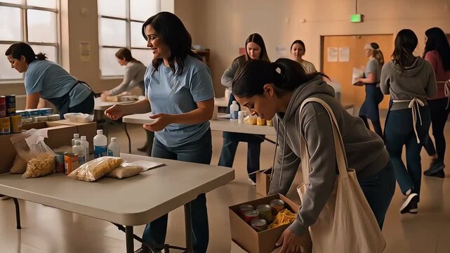Diverse volunteers, food bank charity