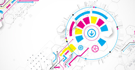 Obraz premium Abstract technological background with various elements. CMYK concept. Vector