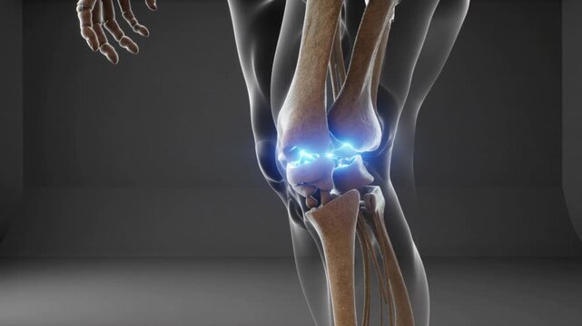 Detailed 3D Rendering of Human Knee Joint with Visible Bone Structure and Highlighted Area, Illustrating Knee Anatomy in a Medical Context