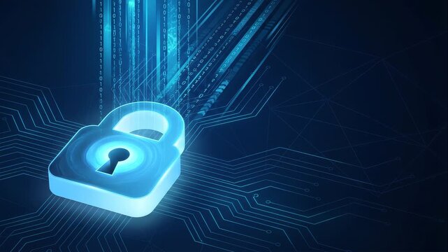 Cybersecurity data protection digital lock symbol with binary data streams flowing upward across a dark tech background, representing encryption and secure information transfer.