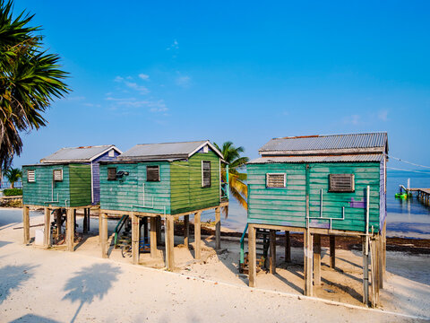 Traditional stilt houses at the waterfront of Caye Caulker, Belize District, Belize