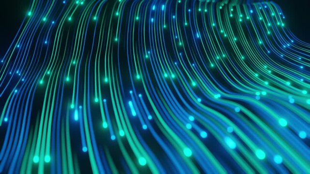 Abstract technology wave of particles. Big data visualization. Dark background with motion green lines 3d rendering