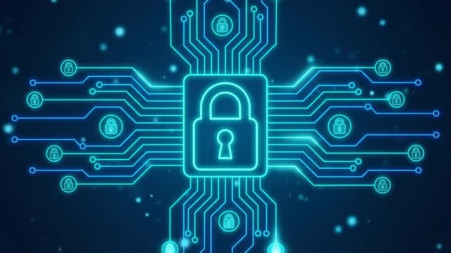Cybersecurity data protection digital lock network diagram with connected secure nodes spreading across a glowing circuit layout, symbolizing distributed security architecture.