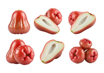 Fototapeta premium Six glossy red wax apples (rose apples) and halved slices arranged on transparent background showing pale crisp flesh and seed cavity