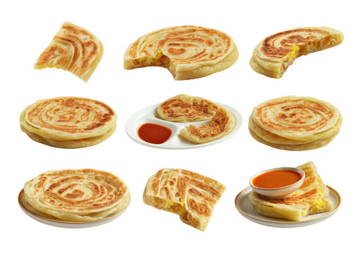 Assorted flaky layered flatbreads (paratha/roti) and torn pieces, some plated and served with dipping curry sauce, photographed on a transparent background