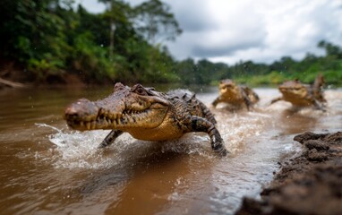 Obraz premium Crocodiles Racing Through Muddy Riverbanks in Tropical Humid Environment