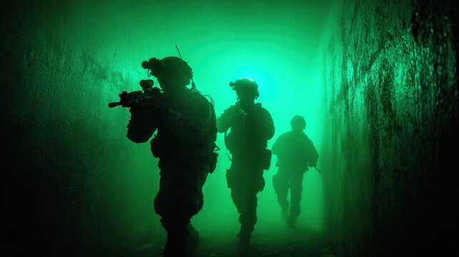 Soldiers in tunnel with green lighting