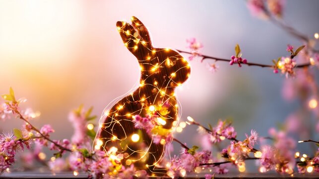 Glowing Easter Bunny Silhouette Among Blossoming Branches at Sunset
