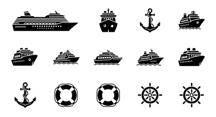 Collection of various cruise ships, anchors, life buoys, and steering wheels in black and white. © muh_muh