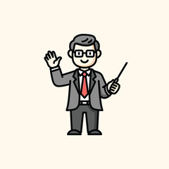 Obraz premium A cartoon character of a professional man in a suit is waving with one hand and holding a pointer in the other. He wears glasses and a red tie