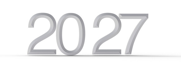 2027 in 3D silver numerals on a white background, representing new year, time, future, or business concept.
