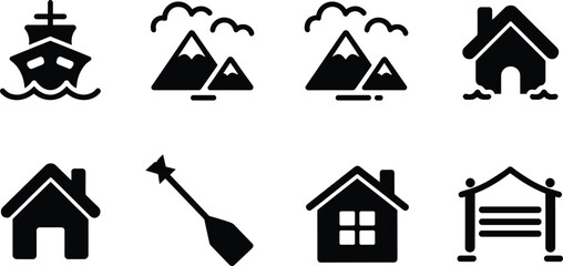Minimal black and white travel and home icon set with ship mountains flooded house paddle and sign