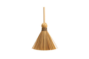 Broom made from natural straw and a wooden handle, useful for sweeping and maintaining a tidy home. Transparent background