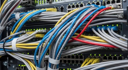 Tangled network cables connected to server equipment