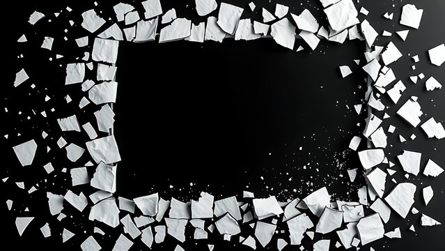 Shattered frame border with fragments dispersing on dark background, breaking constraints concept. wellbeing guides.