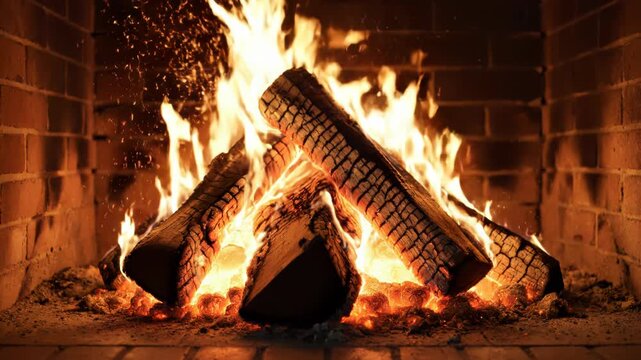 Cozy logs burning brightly in a rustic brick fireplace