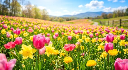 Obraz premium Wide Field of Colorful Tulips Under Blue Sky